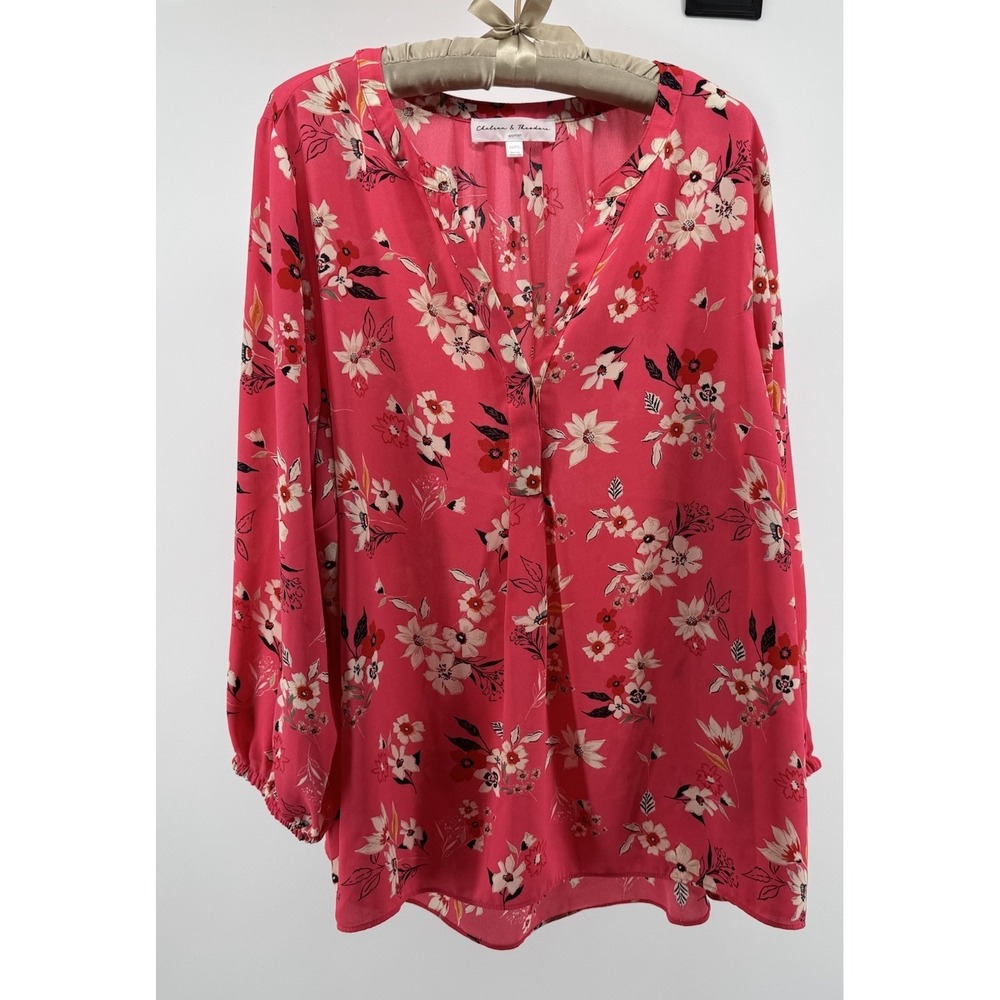 Chelsea & Theodore 2X Pink Floral Blouse Boho Romantic Flowy Sheer Top Resort